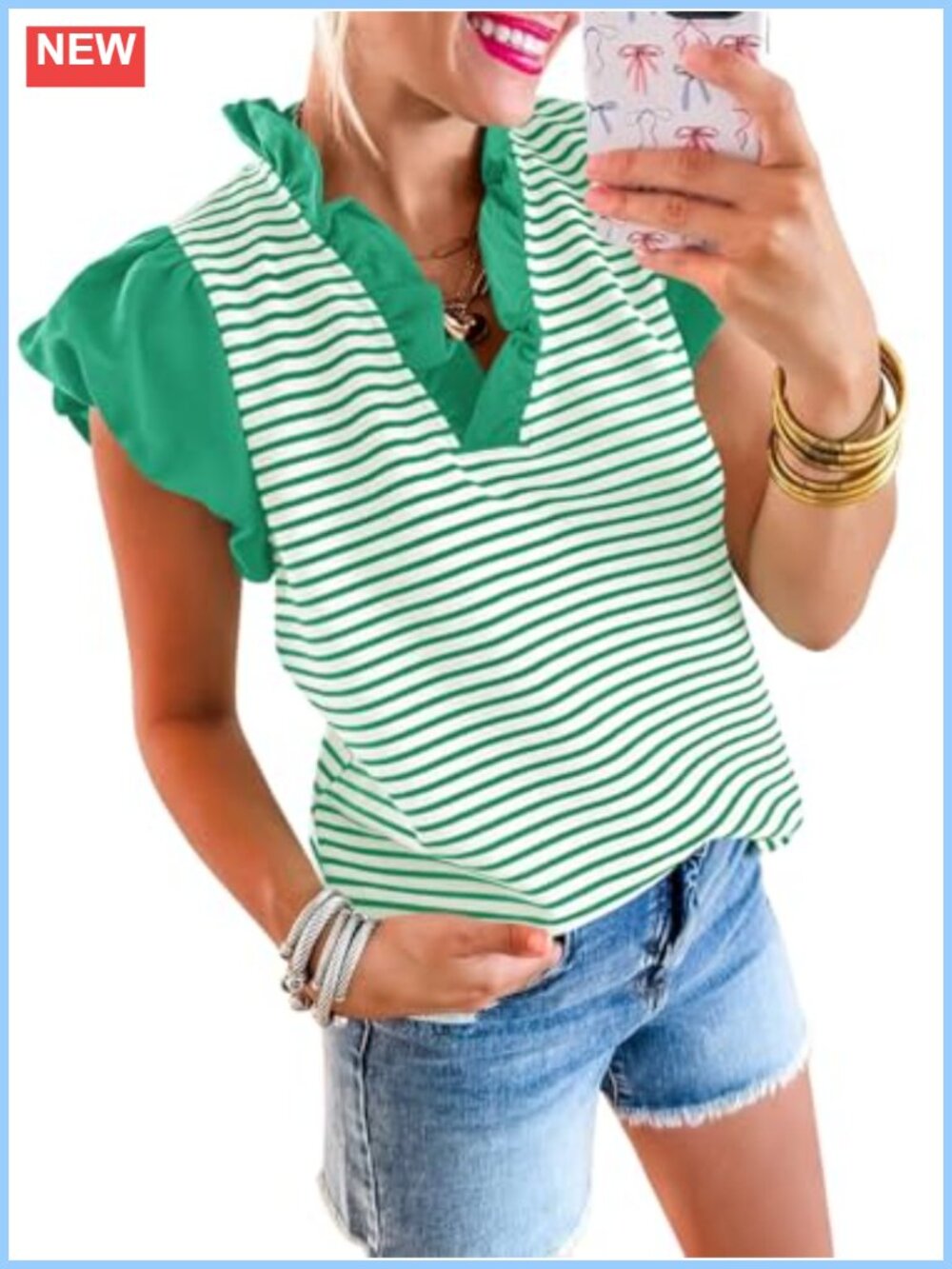 Womens Ruffle Cap Sleeve Tank Top Cotton Blend V-Neck Striped Summer Blouse